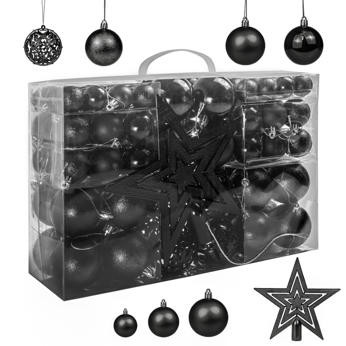 Bombki Choinkowe Nietłukące 6/4/3 cm. Zestaw Ozdób 101w1 - czarne. Zapakowane w plastikowe, przezroczyste pudełko.